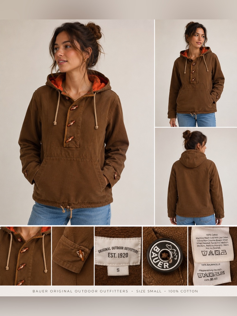 Bauer Outdoor Outfitters Brown Hooded Anorak Pullover Jacket Size Small